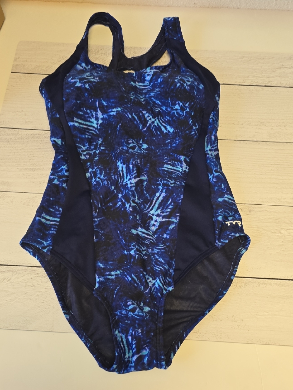 TYR Blue and Navy Abstract Print Swim Top
